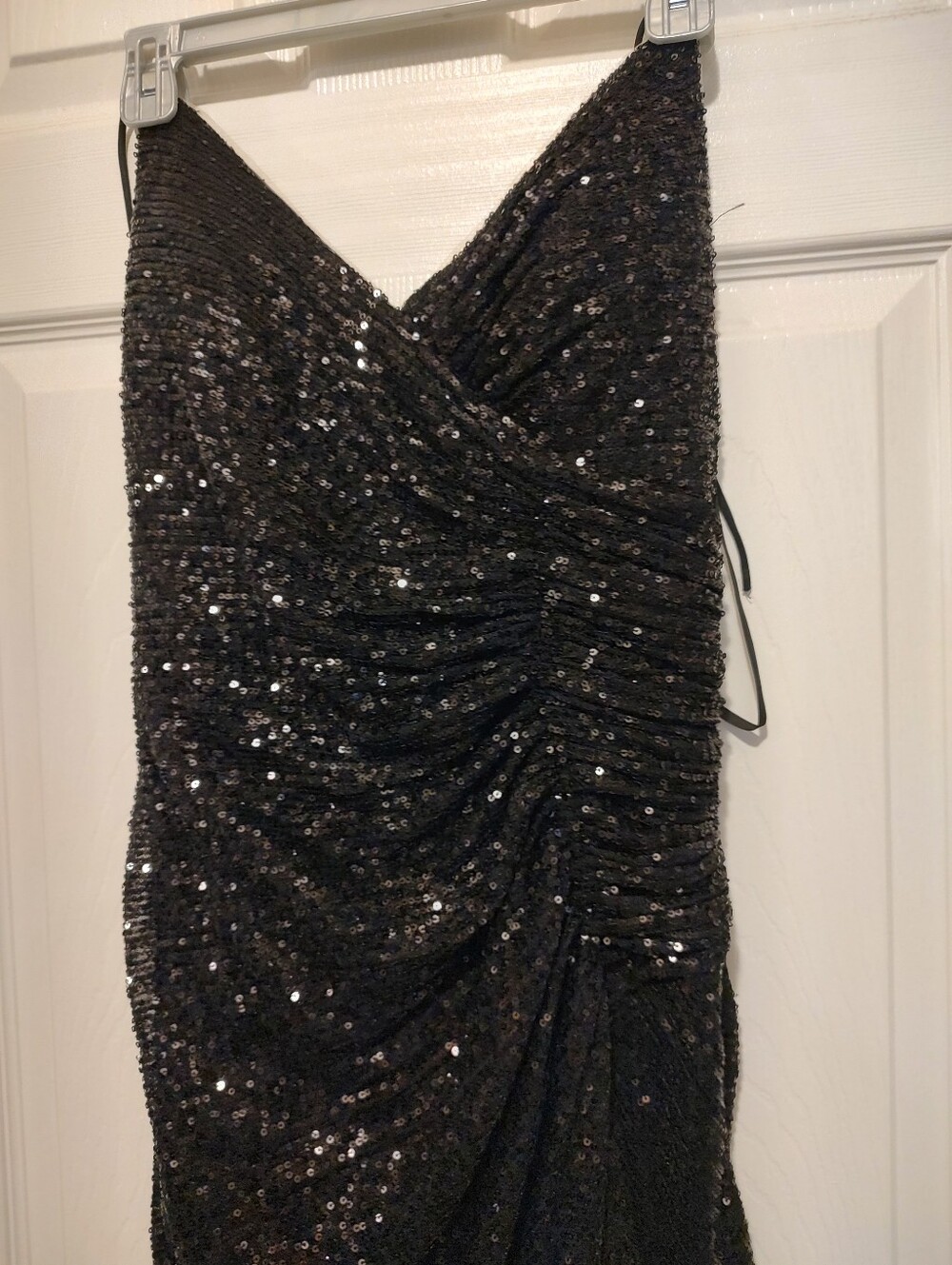 Black Sequin Ruched V-Neck Women’s Dress